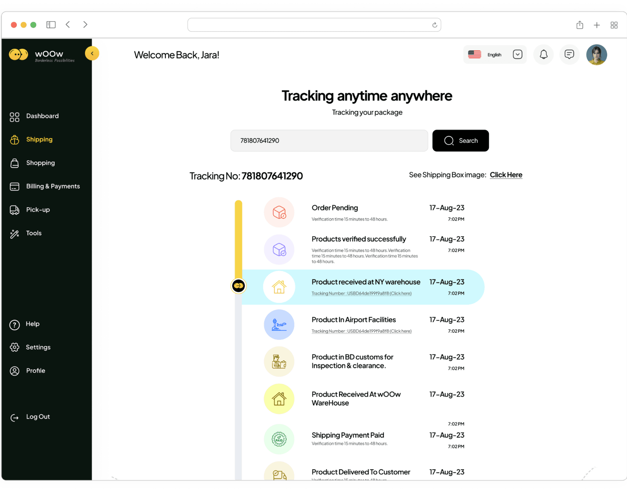 Woow dashboard: quote, book and track shipments